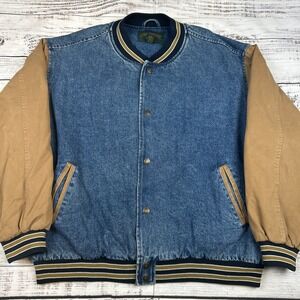 VTG Cambridge Classics Sz XL Men's Denim Varsity Bomber Jacket Beige Sleeves